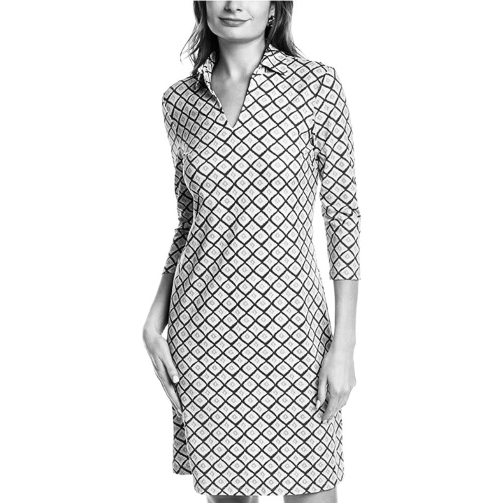 J. MCLAUGHLIN Dress Catalina Cloth 3/4 Sleeve Printed V-Neck, black and white